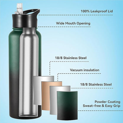 VEGOND 40 oz Insulated Water Bottle Bulk Stainless Steel Metal Water Bottles with Leak Proof Straw Lid & Spout Lid, Wide Mouth Double Walled Vacuum Travel Sports Bottle, 4 Pack
