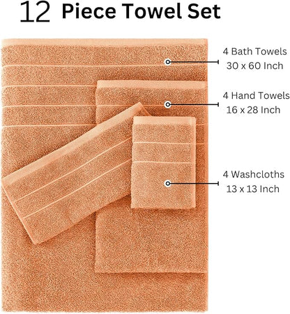 Casa Platino 100% Cotton Bathroom Towel Set - 12 Pc - Ringspun, Quickdry, Super Soft & Highly Absorbent - 4 Large Bath Towels, 4 Washcloths, 4 Hand Towel - Pre Shrunk & Fade Resistant - Peach Fuzz