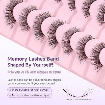 Wispy Lashes Natural Cat Eye Lashes 14mm False Eyelashes Thin Memory Band Volume False Lashes Soft Strip Lashes Pack C Curl Natural Eyelashes Fake Eyelashes 7 Pair EVENTILL