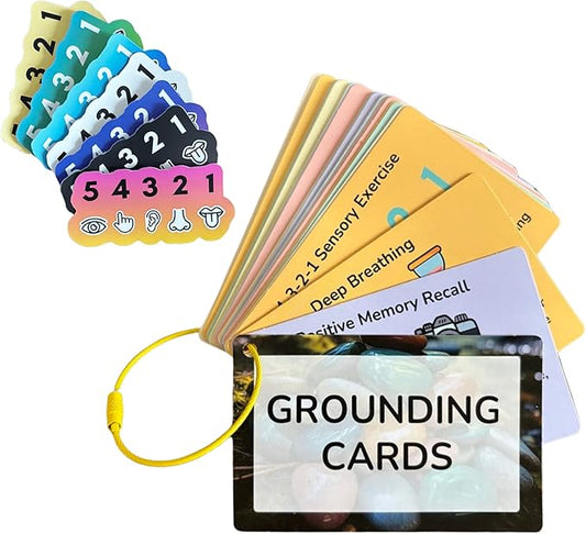 Grounding Cards & Anxiety Stickers Set, Therapy Games for Teens & Adults, 23 Coping Skills for Stress Relief with Explanations, Mindfulness Tools for Trauma, PTSD, BPD | Mental Health Self Care Gift