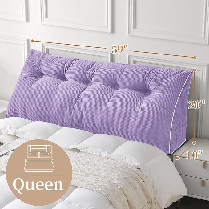 Sasttie Headboard Pillow Queen, Wedge Pillow Headboard for Sitting Up in Bed, Back-Rest Support Triangular Cushion for Reading - Features Removable Washable Cover, Purple