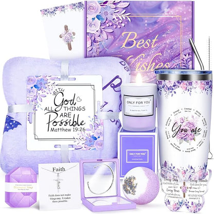 12PCS Christian Gifts for Women Faith, Inspirational Gifts for Women, Religious Catholic Gifts Basket,Purple Birthday Get Well Soon Gifts, for Mom Her Wife Girlfriend Friend Sister
