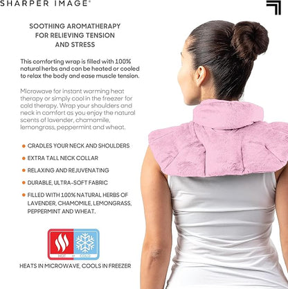 Sharper Image Heated Neck & Shoulder Wrap - Microwavable Warm & Cooling Plush Pad, Scented Aromatherapy (100% Natural Lavender & Herb Spa Blend), Pain Tension Headache Relief Therapy, Gift for Women