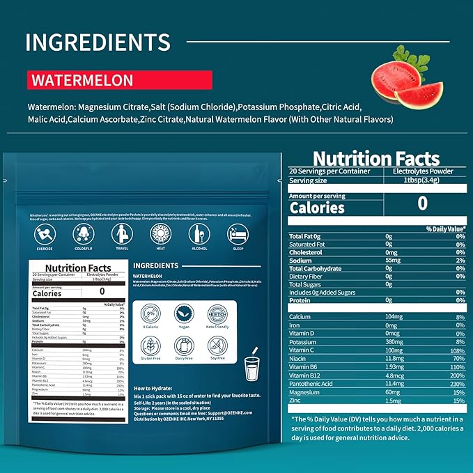 Electrolytes Powder Packets, Hydration Packets, Electrolytes Sugar Free, Portable Electrolyte Drink Mix for Rapid Hydration, No Sugar & Low Sodium | 0 Calorie | Watermelon Flavor | 20 Sticks