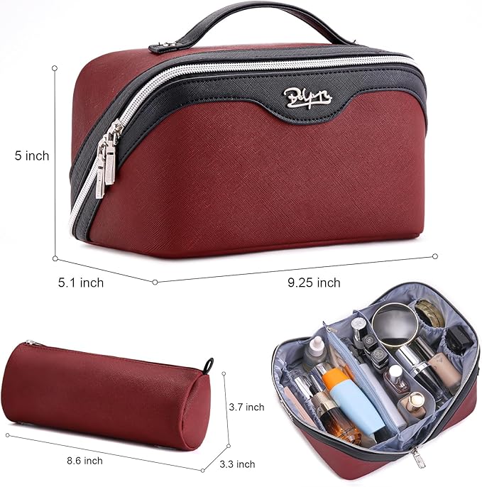 BOYATU Travel Makeup Bag Organizer Cosmetic Bag: 3 Pcs Set Make up Bags for Women with Handle - Waterproof Vegan Leather Toiletry Bags Travel Essentials Pouch with Compartments (G-05-Red)