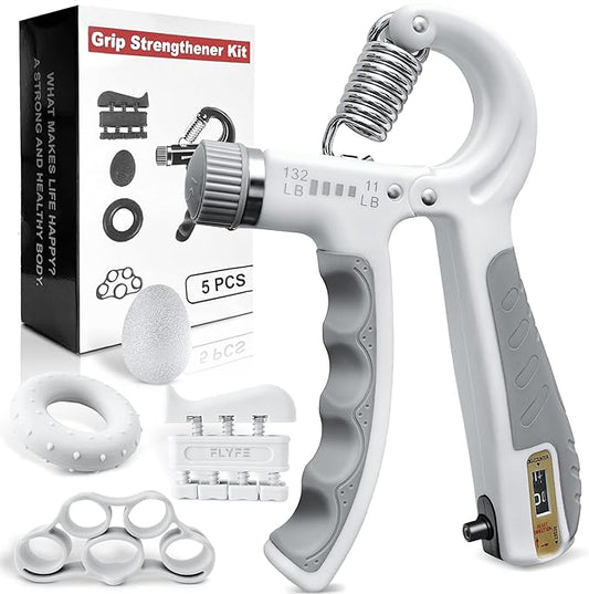 FLYFE Grip Strength Trainer Kit (5 Pack), Forearm Strengthener, Hand Squeezer Adjustable Resistance, Finger Stretcher, Grip Ring, Relief Ball and Finger Exerciser for Men and Women, Injury Recovery