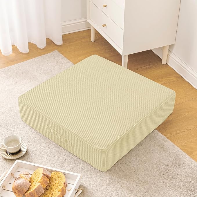 Solid Square Floor Pillows for Adults Kids - Large Meditation Floor Pillow Seating Cushion with Thick Foam & Washable Velvet Cover, 2 Pack, 22x22x5 Inch, Beige