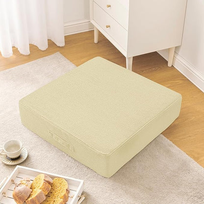 Solid Square Floor Pillows for Adults Kids - Large Meditation Floor Pillow Seating Cushion with Thick Foam & Washable Velvet Cover, 2 Pack, 22x22x5 Inch, Beige