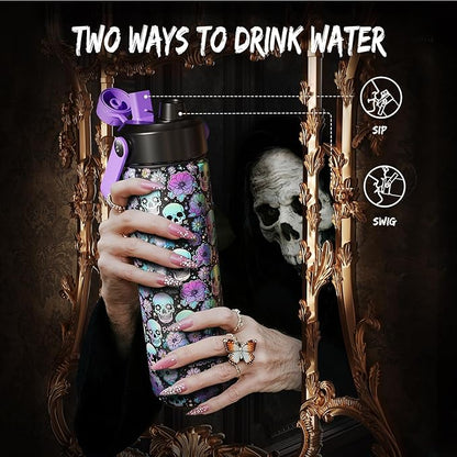 Halloween Insulated Water Bottle with Straw, Stainless Steel Water Bottle, Leak Proof BPA-Free, Keeps Cold for 24 Hours for Sports, Skull Spooky Holiday Gifts (26 oz, Floral Afterlife)