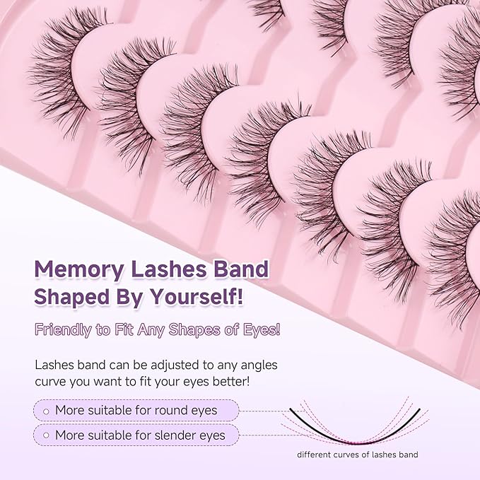 Natural Cat Eye Lashes, 13mm Wispy, Thin Memory Band, Volume, Soft Strip Lashes, Pack of 7