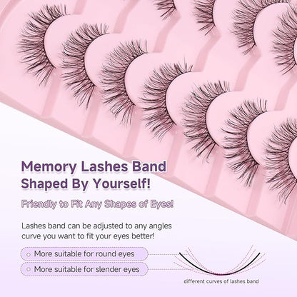Natural Cat Eye Lashes, 13mm Wispy, Thin Memory Band, Volume, Soft Strip Lashes, Pack of 7
