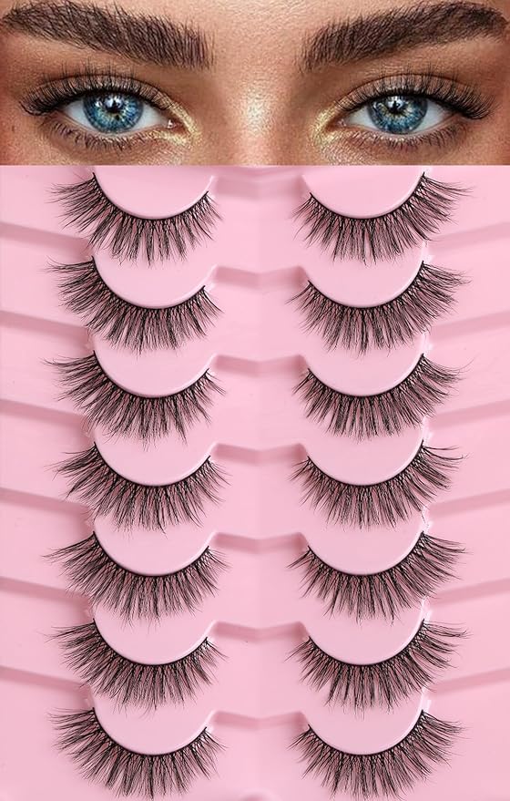 Cat Eye Lashes Natural Eyelashes 16MM False Eyelashes Wispy with Thin Band 3D Volume False Lashes Soft Lash Strips C Curl Fake Lash 7 Pair EVENTILL