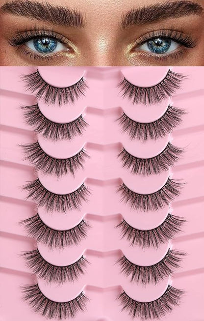 Cat Eye Lashes Natural Eyelashes 16MM False Eyelashes Wispy with Thin Band 3D Volume False Lashes Soft Lash Strips C Curl Fake Lash 7 Pair EVENTILL