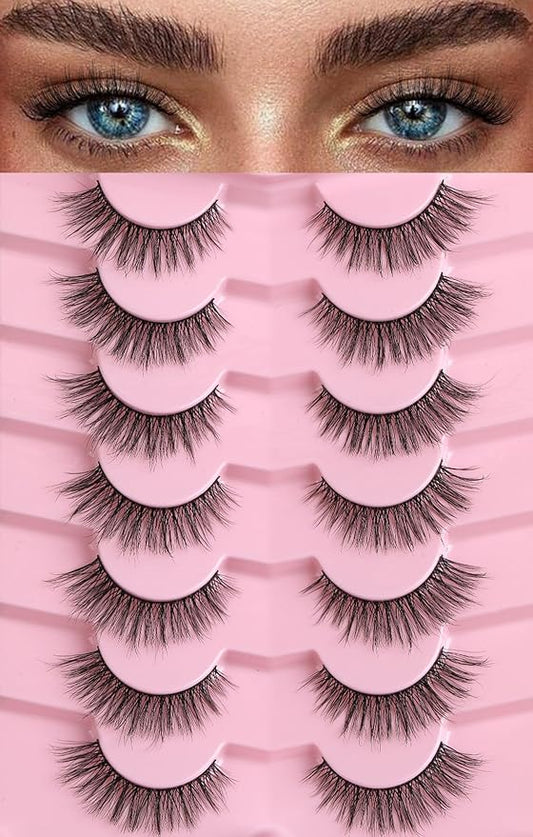 Cat Eye Lashes Natural Eyelashes 16MM False Eyelashes Wispy with Thin Band 3D Volume False Lashes Soft Lash Strips C Curl Fake Lash 7 Pair EVENTILL