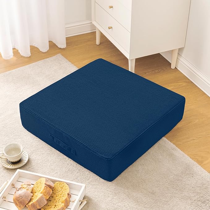 Solid Square Floor Pillows for Adults Kids - Large Meditation Floor Pillow Seating Cushion with Thick Foam & Washable Velvet Cover, 2 Pack, 22x22x5 Inch, Dark Blue