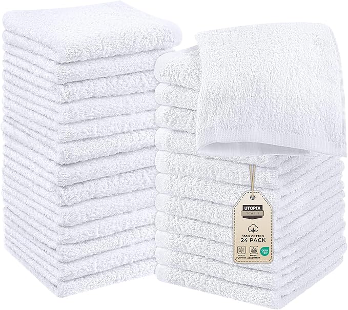 Utopia Towels 24 Pack Cotton Washcloths Set, 100% Ring Spun Cotton, Premium Quality Flannel Face Cloths, Highly Absorbent and Soft Feel Fingertip Towels, White