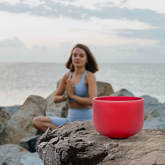 ALIOTH Red C note Root Chakra Crystal Singing Bowl 8 inch with Sound Bowl Suede Striker for yoga