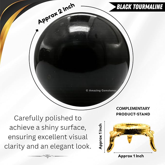 Amazing Gemstone Black Tourmaline Crystal Ball with Stand - 2" Inches Crystal Sphere Meditation Balls for Witchcraft and Decorative Balls