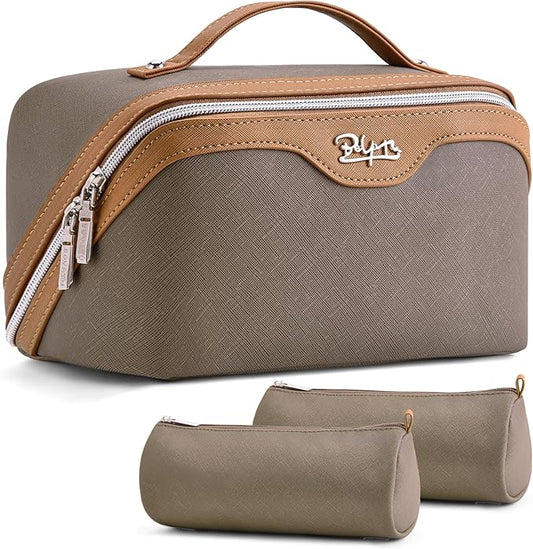 BOYATU Travel Makeup Bag Organizer Cosmetic Bag: 3 Pcs Set Make up Bags for Women with Handle - Waterproof Vegan Leather Toiletry Bags Travel Essentials Pouch with Compartments (G-06-Grey)