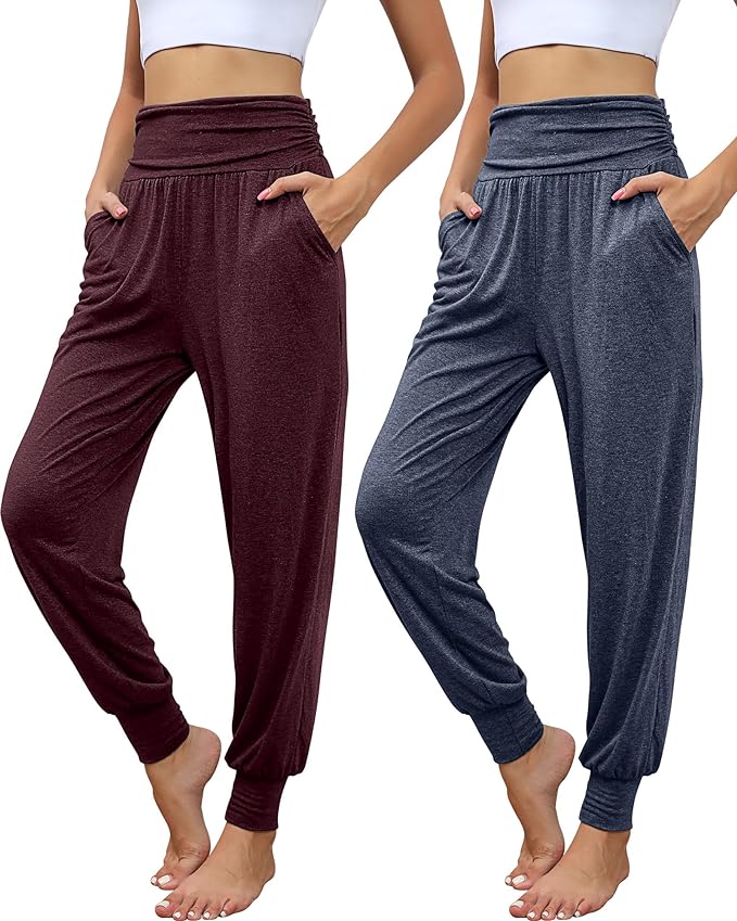 2 Pack Women's Yoga Joggers, Cozy Sweatpants with Pockets Casual Loose Comfy High Waisted Lounge Pants
