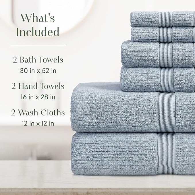 Springtree Home Blue Bath Towels Set of 6 | Ribbed Textured | 100% Combed Cotton | Absorbent Quick-Dry Towels for Bathroom | Oeko-TEX® Standard 100 Cotton | Mauro Collection - Blue Fog