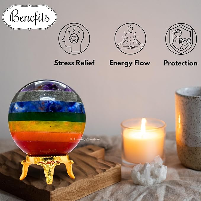 Amazing Gemstone Chakra Crystal Ball with Stand - 2 Inches Crystal Sphere Meditation Balls for Witchcraft and Decorative Balls
