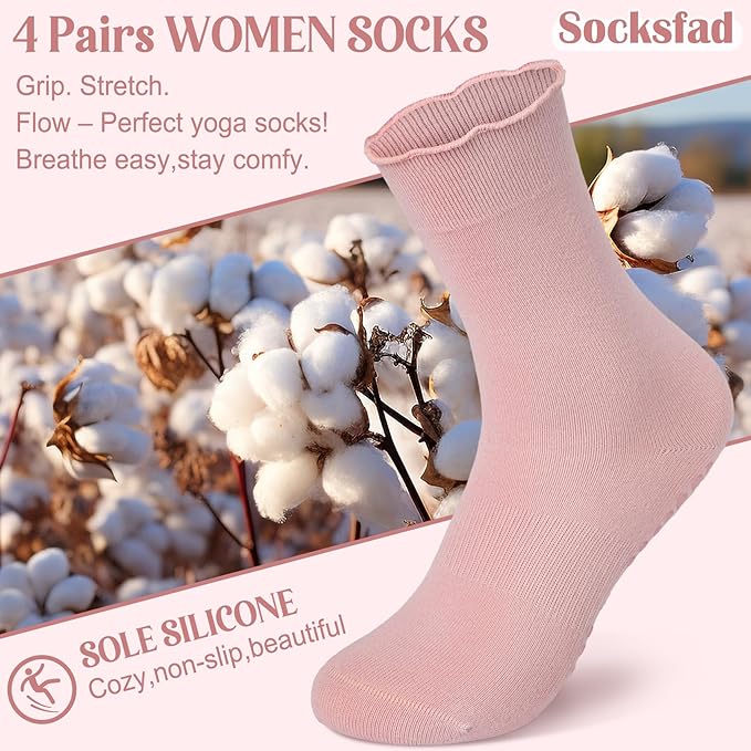 4 Pairs Pilates Socks with Grips for Women Yoga Ruffle Cute Grip Socks Pilates Non Slip Crew Ballet Hospital Workout