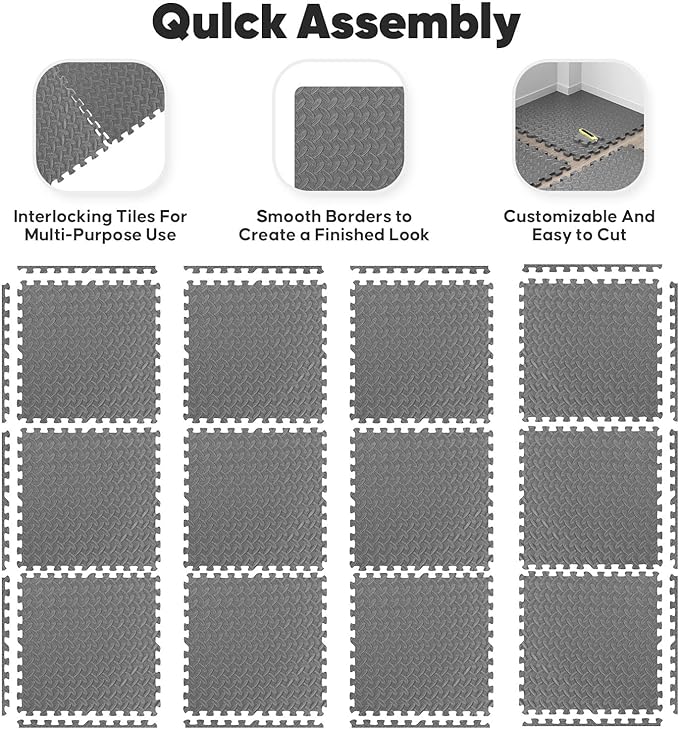Home Gym Mat, Puzzle Exercise Mat, EVA Interlocking Foam Floor Tiles for Home Workout Equipment and Kids' Play Areas -, 24 in x 24 in x ½ in, Grey 36 Tiles