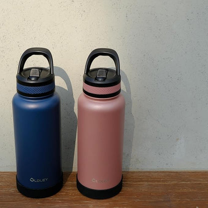 OLDLEY 32 oz Insulated Water Bottle With Straw, Stainless Steel Sports Water Cup Flask with 3 Lids(Straw, Spout and Handle Lid) Double Walled Travel Thermal Canteen Mug,Navy Blue