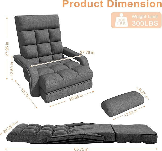 Adjustable Floor Gaming Chair for Adults, 6-Position Chaise Lounge Chair with Meditation Arm, Foldable Lazy Sofa with Pillow, Comfy Chair Indoor for Bedroom Dorm Living Room, Charcoal