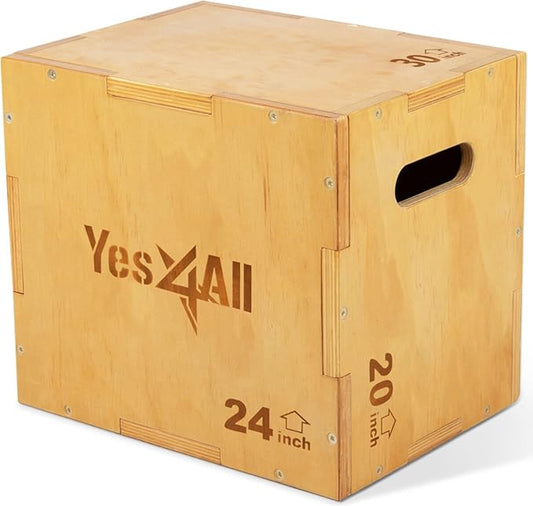 Yes4All Plyo Box, 3-in-1 Wooden Box Jumps for Home Gym (12/14/16 in), 450 lbs Boxes Step Up with Smooth Edges & Wide Built-in Handles for Jumping, Strength Training, Lunges, Squats, Dips