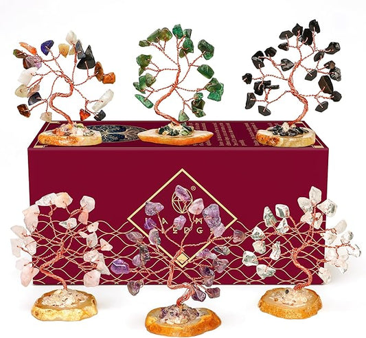 Crystal Tree for Positive Energy, 7 Chakra Stones and Healing Crystals Tree of Life, Money Bonsai Trees, Feng Shui Décor for Home and Office Desk Decoration, Spiritual & Good Luck Gifts Set of 6 Trees