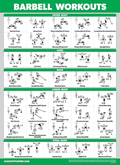 Palace Learning 4 Pack - Dumbbell, Barbell, Bodyweight & Kettlebell Workouts - Set of 4 Laminated Charts (18” x 24”)