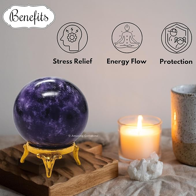 Amazing Gemstone Lepidolite Crystal Ball with Stand - 2" Inches Crystal Sphere Meditation Balls for Witchcraft and Decorative Balls