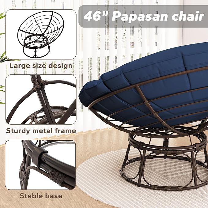 46'' Large Size Papasan Chair with Cushion and Frame, Living Room Chair for Reading, Navy Blue