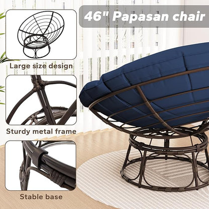 46'' Large Size Papasan Chair with Cushion and Frame, Living Room Chair for Reading, Navy Blue