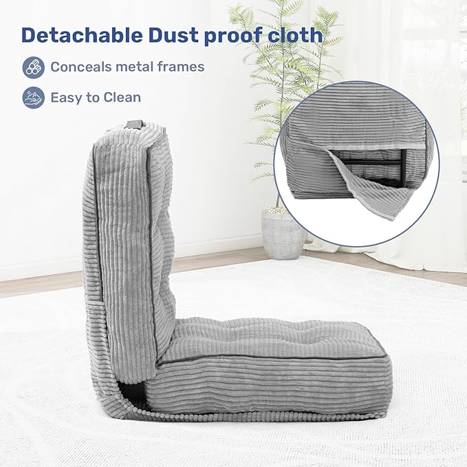 HollyHOME Adjustable Floor Chair with 6 Positions, Folding Lazy Sofa Recliner with Back Support, Thick Sponge Cushion and Portable Handle, Comfy Gaming Meditation Chair for Dorm, Bedroom, Light Grey