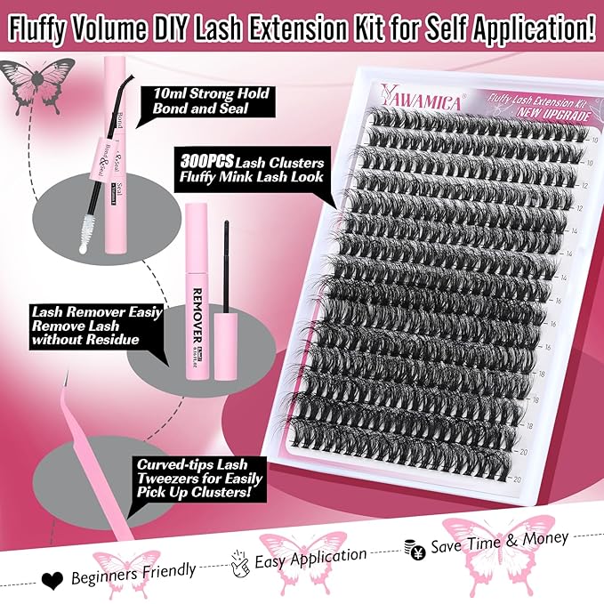 Yawamica Fluffier Eyelash Extension Kit Mink Lash Clusters 300pcs Individual Lashes Kit 50D Volume 10-20mm Lash Extension Kit with Bond and Seal and Lash Remover and Lash Tools DIY Lash Kit