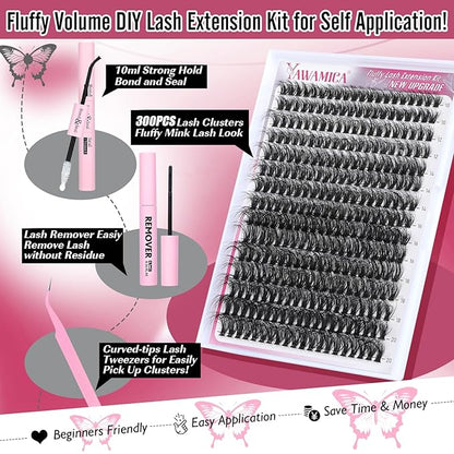 Yawamica Fluffier Eyelash Extension Kit Mink Lash Clusters 300pcs Individual Lashes Kit 50D Volume 10-20mm Lash Extension Kit with Bond and Seal and Lash Remover and Lash Tools DIY Lash Kit