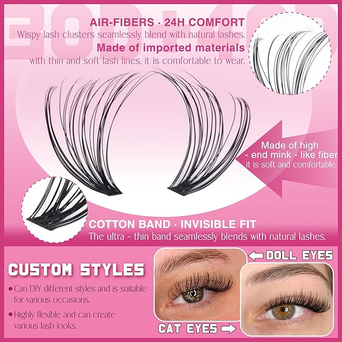 Cluster Lashes 240 pcs Wispy Lash Clusters D Natural Eyelashes Extensions 14-16mm Mix 30D+40D Individual Lashes Thin Band Lash Bond and Seal Tweezers for DIY Lash Extension Beginners