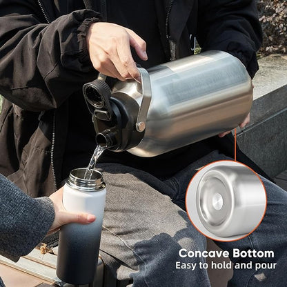 One Gallon Water Bottle, 128oz Stainless Steel Insulated Water Bottle For Hot & Cold Drinks, BPA-Free, Wide Mouth, Leak-Proof Big Water Jug With Handle For Sports, Travel, Hinking & Camping, Silver