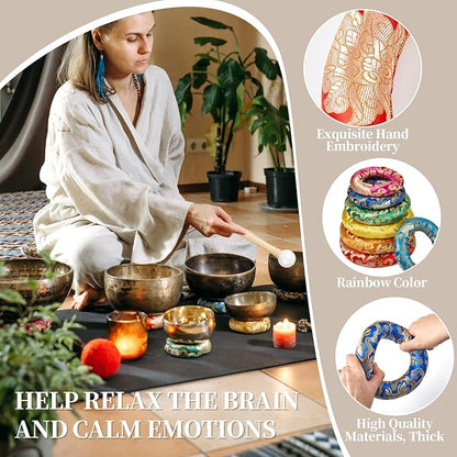 10 Pcs Singing Bowl Cushion Set 7 Silk Cloth O Ring with 3 Crystal Singing Bowl Mallet Include Solid and Hollow Stick Wood Handle Rubber Mallet for 6-12" Tibetan Sound Meditation(Rainbow)