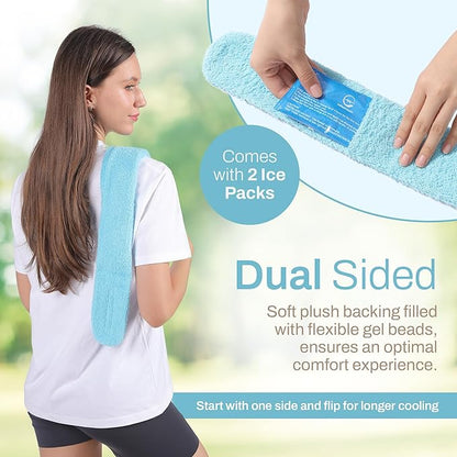 Cooling Towel with Soft Gel Ice Pack Inserts | Included 2 Gel Ice Packs Reusable - Multi Purpose Compression Wrap - Neck, Legs, Arms, Shoulders - Ideal for Post Surgery, Migraines, Hiking and Injuries