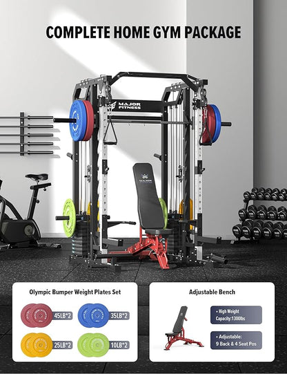 Major Fitness Smith△ Machine Drone2 Premium, All-in-One Home Gym Squat Rack with Aluminum Pulley Set , Weight Bar, Dual LAT Pull-Down Systems & Cable Crossover Machine for Full-Body Workouts