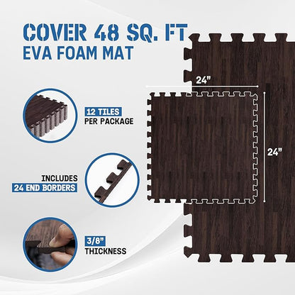 Yes4All 48SQ.FT Wood Grain Puzzle Exercise Mat Protective Flooring, EVA Interlocking Foam Floor Tiles with Border for Home