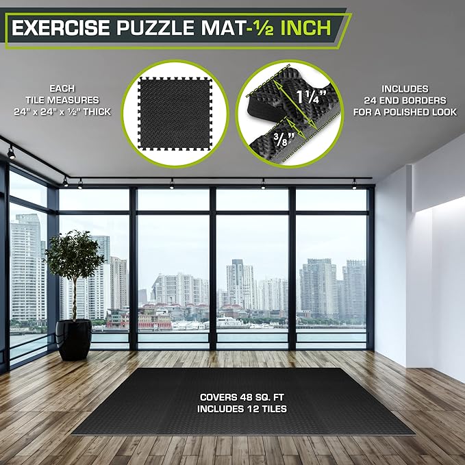 ProsourceFit Puzzle Exercise Mat ½ in, EVA Interlocking Foam Floor Tiles for Home Gym, Mat for Home Workout Equipment, Floor Padding for Kids