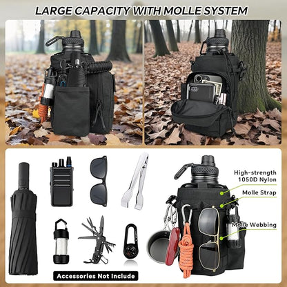 64 oz Water Bottle Insulated with Sleeve Half Gallon Military Water Jug Metal Gym Water Bottles for Men Women Black