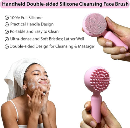 Silicone Facial Cleansing Brush 2 in 1 Silicone Facial Scrubber Manual Exfoliating Facial Brush Face Cleanser Face Exfoliator Ultrafine Bristles for Sensitive Skin Easy to Clean Lather Well (Pink)