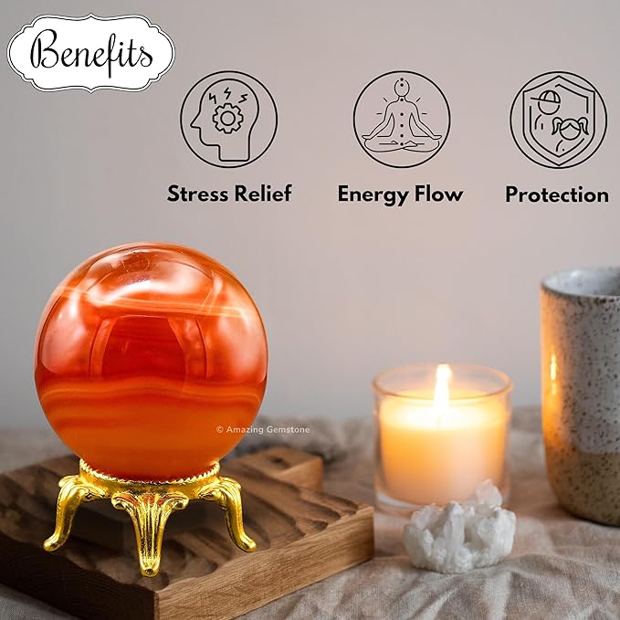 Amazing Gemstone Carnelian Onyx Crystal Ball with Stand - 2 Inches Crystal Sphere Meditation Balls for Witchcraft and Decorative Balls