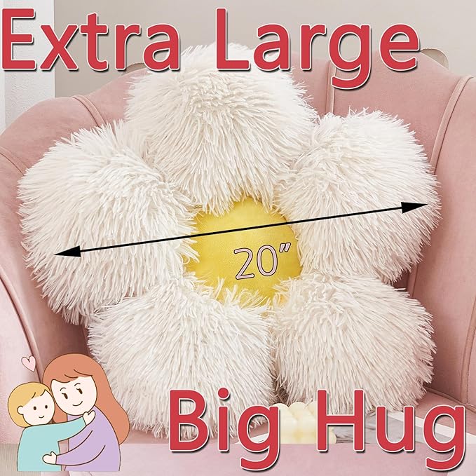 MorroMorn Flower Pillow Shaped Throw Pillows, 20" Floor Pillow Butt Cushion - Fluffy Shaggy Daisy Floral Decorative Pillows for Bed Couch Sofa Chair Cute Plush Faux Fur Room Decor (White)